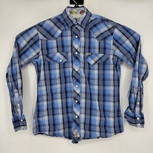 Rafter C Pearl Snap Shirt Mens‎ Small Western Cowboy Blue Plaid Long Sleeve